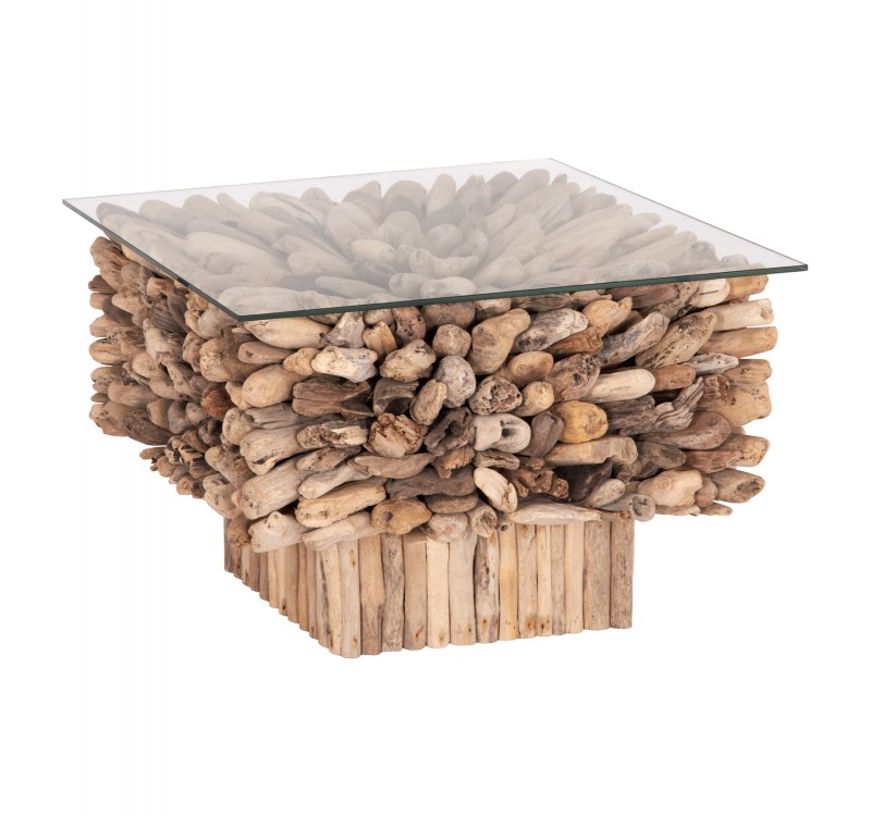 ΤΡΑΠΕΖΙ ΣΑΛΟΝΙΟΥ ΤΕΤΡΑΓΩΝΟ SPARROW HM9961 DRIFTWOOD--ΓΥΑΛΙ 75x75x51Υεκ.