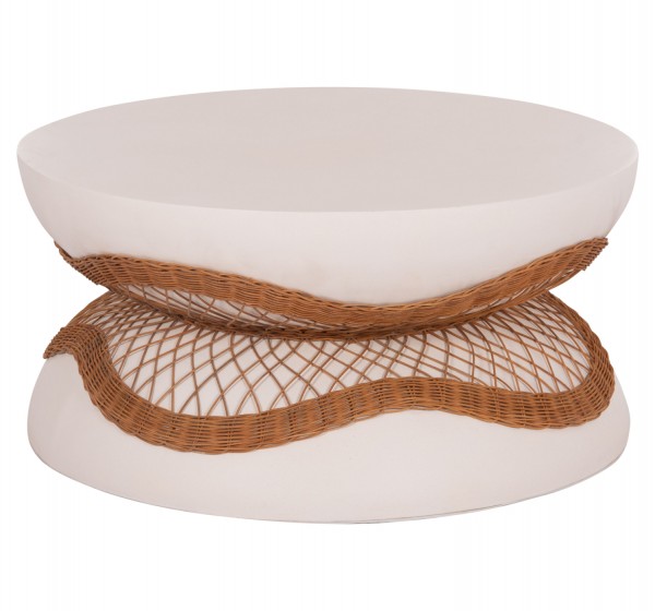 ΤΡΑΠΕΖΙ ΣΑΛΟΝΙΟΥ ANNA HM18157.02 FIBER CEMENT ΛΕΥΚΟ-ΦΥΣΙΚΟ RATTAN--Φ92x44.5Υεκ