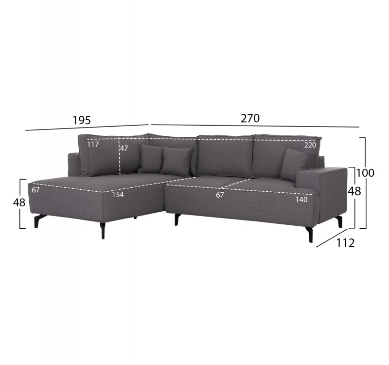 ΓΩΝΙΑΚΟΣ ΚΑΝΑΠΕΣ-ΚΡΕΒΑΤΙ ΜΕ ΑΠΟΘ.ΧΩΡΟ SAFFIRA HM3303.01L ΓΚΡΙ ΥΦΑΣΜΑ 270x195x100Υεκ.