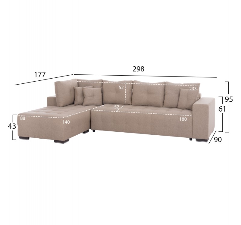 ΓΩΝΙΑΚΟΣ ΚΑΝΑΠΕΣ-ΚΡΕΒΑΤΙ ΜΕ ΑΠΟΘ.ΧΩΡΟ TRENDSTON HM3302.03L ΜΠΕΖ ΥΦΑΣΜΑ 298x177x95Υεκ
