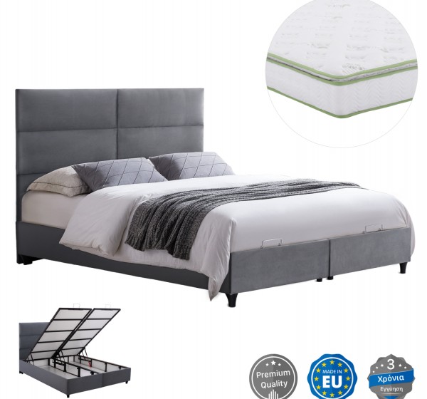 ΚΡΕΒΑΤΙ ΜΕ ΣΤΡΩΜΑ ΔΙΠΛΟ MILO HM21163 ΓΚΡΙ ΒΕΛΟΥΔΟ & ΑΠΟΘ.ΧΩΡΟΣ-ΓΙΑ 160x200εκ.