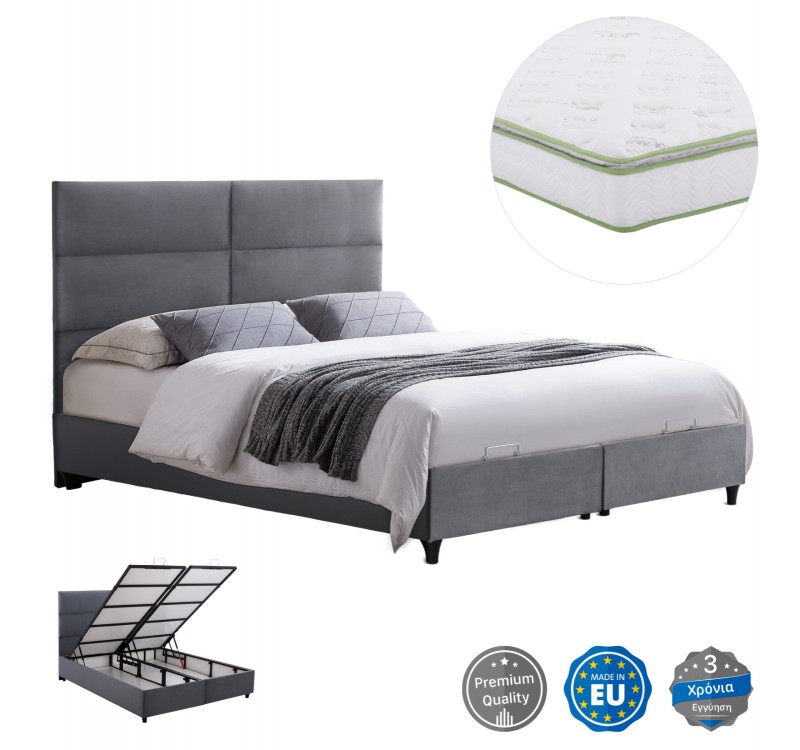 ΚΡΕΒΑΤΙ ΜΕ ΣΤΡΩΜΑ ΔΙΠΛΟ MILO HM21163 ΓΚΡΙ ΒΕΛΟΥΔΟ & ΑΠΟΘ.ΧΩΡΟΣ-ΓΙΑ 160x200εκ.