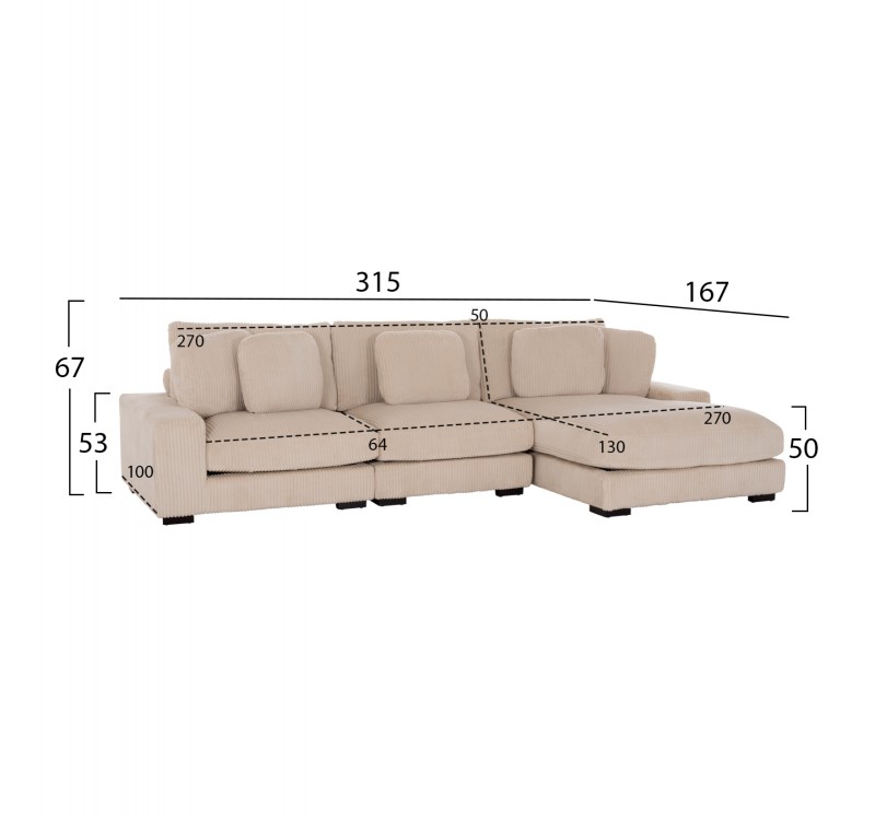 ΚΑΝΑΠΕΣ ΔΕΞΙΑ ΓΩΝΙΑ CRANFIELD HM3287.02R ΜΠΕΖ ΡΙΓΕ ΥΦΑΣΜΑ 315x167(γωνία)x67Υεκ.