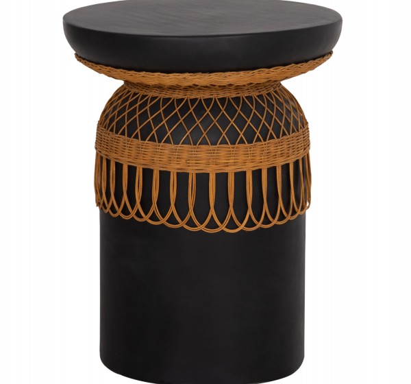 ΒΟΗΘΗΤΙΚΟ ΤΡΑΠΕΖΙ PRILEP HM18159.01 FIBER CEMENT ΜΑΥΡΟ & RATTAN--Φ60x76,5Υεκ