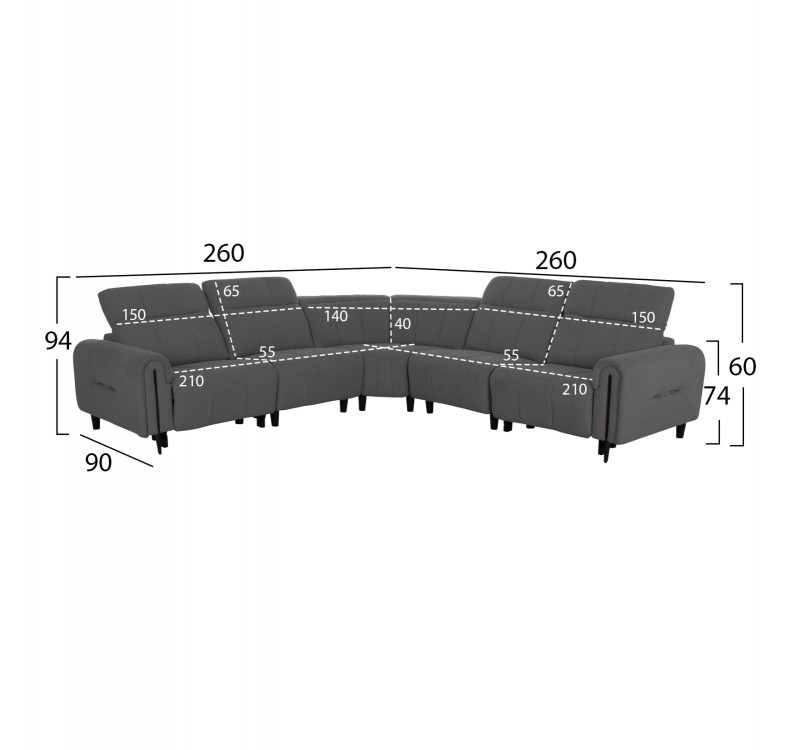 ΓΩΝΙΑΚΟΣ ΚΑΝΑΠΕΣ ΜΕ RECLINE ORACLE HM3290.01 ΓΚΡΙ ΥΦΑΣΜΑ 260x260x90(κάθισμα)x94Υεκ.