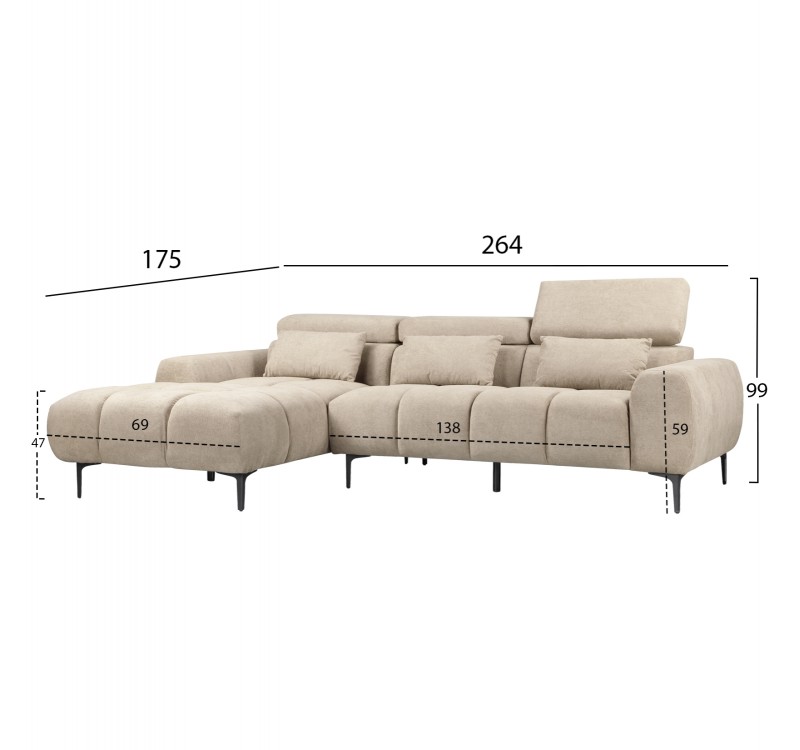 ΚΑΝΑΠΕΣ ΑΡΙΣΤΕΡΗ ΓΩΝΙΑ DIVYA HM3267.11L ΜΠΕΖ ΥΦΑΣΜΑ 264x175x99Υεκ.
