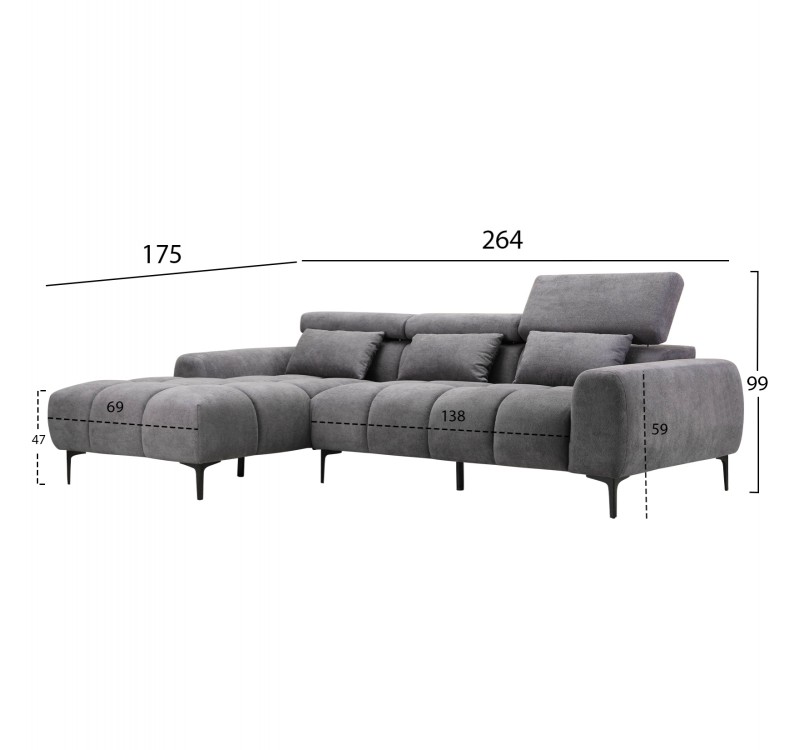 ΚΑΝΑΠΕΣ ΑΡΙΣΤΕΡΗ ΓΩΝΙΑ DIVYA HM3267.12L ΓΚΡΙ ΥΦΑΣΜΑ 264x175x99Υεκ.