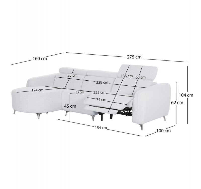 ΚΑΝΑΠΕΣ ΑΡΙΣΤΕΡΗ ΓΩΝΙΑ 3Θ ΜΕ RECLINE VALENTE HM3317.01L ΑΝΟΙΧΤΟ ΓΚΡΙ ΥΦΑΣΜΑ 275x160x104Yεκ