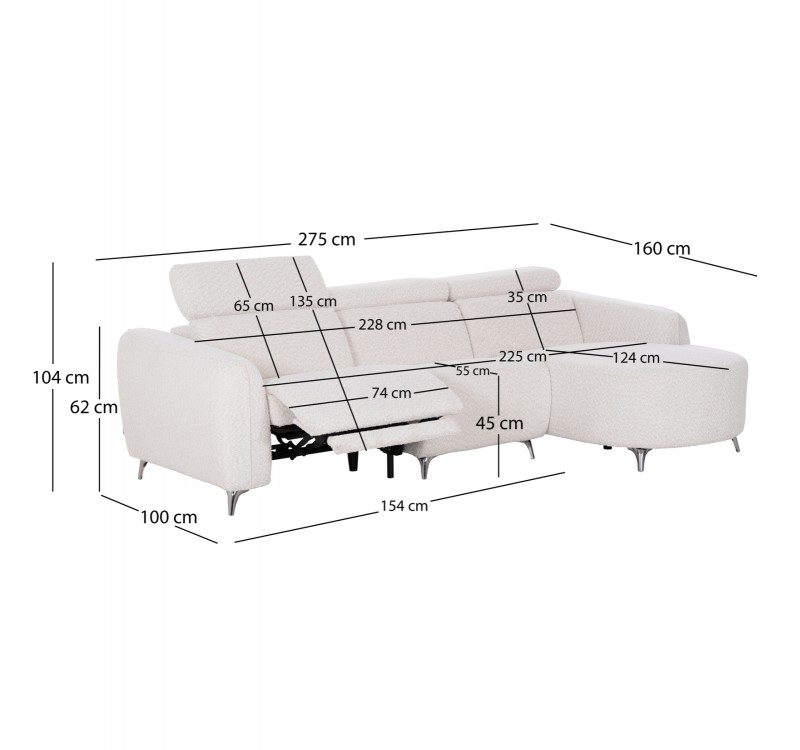 ΚΑΝΑΠΕΣ ΔΕΞΙΑ ΓΩΝΙΑ 3Θ ΜΕ RECLINE VALENTE HM3317.02R ΜΠΕΖ ΥΦΑΣΜΑ 275x160x104Yεκ