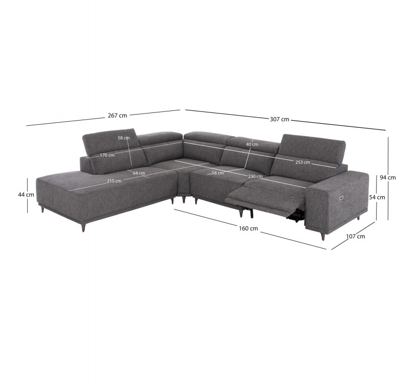 ΚΑΝΑΠΕΣ ΑΡΙΣΤΕΡΗ ΓΩΝΙΑ 5Θ ΜΕ RECLINE LUNARIS HM3316.01L ΓΚΡΙ ΥΦΑΣΜΑ 307x267x94Yεκ