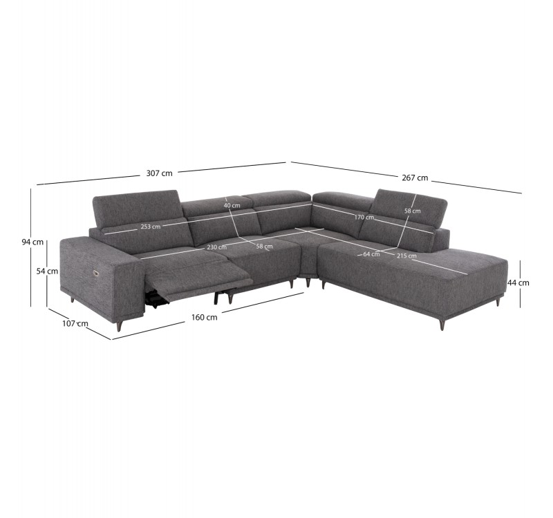 ΚΑΝΑΠΕΣ ΔΕΞΙΑ ΓΩΝΙΑ 5Θ ΜΕ RECLINE LUNARIS HM3316.01R ΓΚΡΙ ΥΦΑΣΜΑ 307x267x94Yεκ