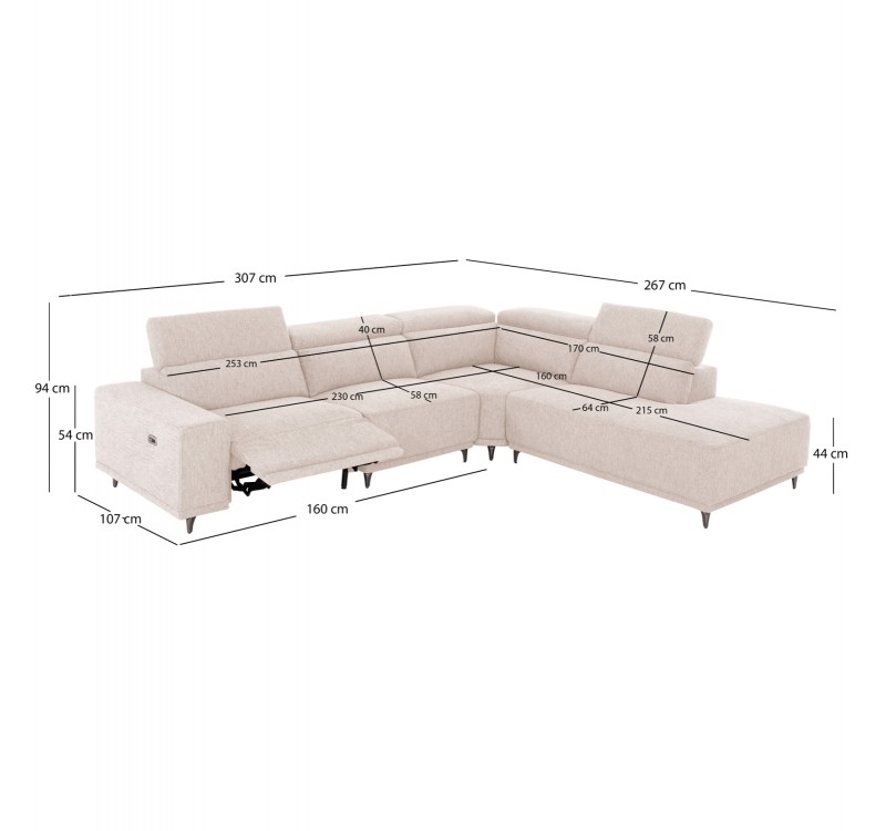 ΚΑΝΑΠΕΣ ΔΕΞΙΑ ΓΩΝΙΑ 5Θ ΜΕ RECLINE LUNARIS HM3316.02R ΕΚΡΟΥ ΥΦΑΣΜΑ 307x267x94Yεκ