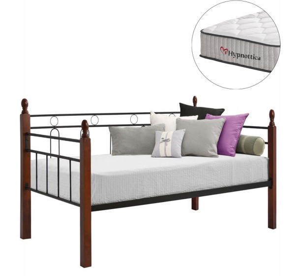 ΚΑΝΑΠΕΣ ΚΡΕΒΑΤΙ ΜΕ ΣΤΡΩΜΑ REVEN HM10755 ΜΕΤΑΛΛΟ & RUBBERWOOD ΣΕ DIRTY OAK--ΣΤΡΩΜΑ 90Χ190εκ