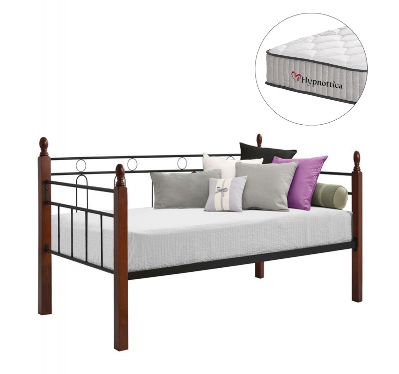 ΚΑΝΑΠΕΣ ΚΡΕΒΑΤΙ ΜΕ ΣΤΡΩΜΑ REVEN HM10755 ΜΕΤΑΛΛΟ & RUBBERWOOD ΣΕ DIRTY OAK--ΣΤΡΩΜΑ 90Χ190εκ