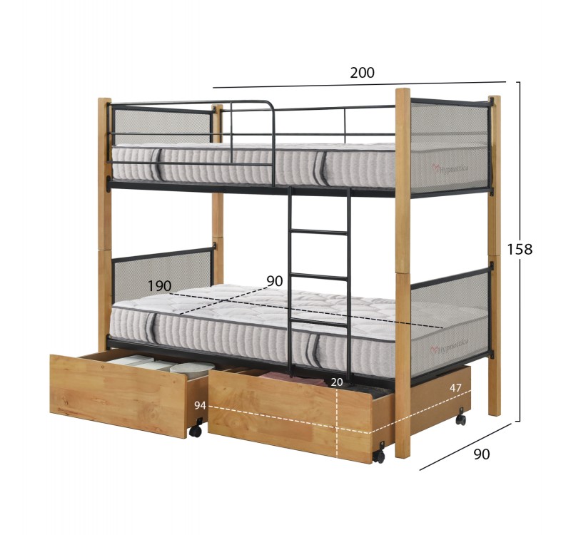 ΚΟΥΚΕΤΑ ΜΕ 2 ΣΥΡΤΑΡΙΑ & 2 ΣΤΡΩΜΑΤΑ 90X190εκ RAYVEN HM10749.06 ΞΥΛΟ ΚΑΙ ΜΕΤΑΛΛΟ