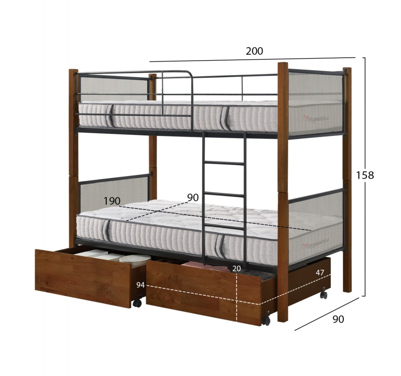 ΚΟΥΚΕΤΑ ΜΕ 2 ΣΥΡΤΑΡΙΑ & 2 ΣΤΡΩΜΑΤΑ 90X190εκ RAYVEN HM10749.05 ΞΥΛΟ ΚΑΡΥΔΙ ΚΑΙ ΜΕΤΑΛΛΟ