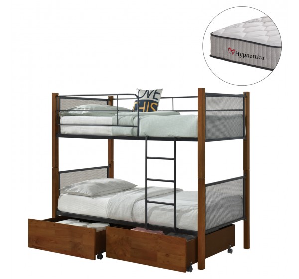 ΚΟΥΚΕΤΑ ΜΕ 2 ΣΥΡΤΑΡΙΑ & 2 ΣΤΡΩΜΑΤΑ 90X190εκ RAYVEN HM10749.05 ΞΥΛΟ ΚΑΡΥΔΙ ΚΑΙ ΜΕΤΑΛΛΟ