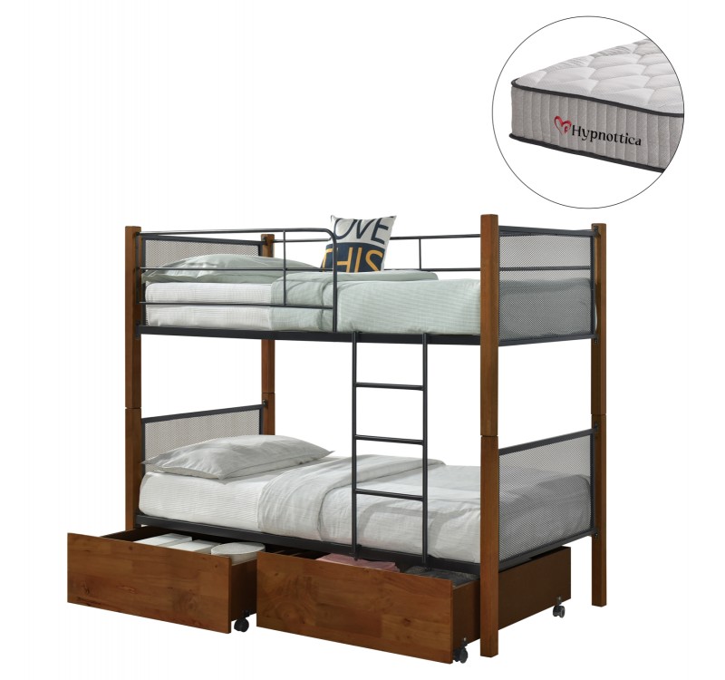 ΚΟΥΚΕΤΑ ΜΕ 2 ΣΥΡΤΑΡΙΑ & 2 ΣΤΡΩΜΑΤΑ 90X190εκ RAYVEN HM10749.05 ΞΥΛΟ ΚΑΡΥΔΙ ΚΑΙ ΜΕΤΑΛΛΟ
